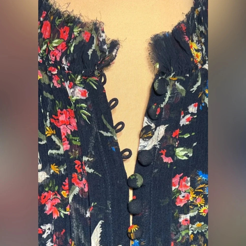 The Kooples Navy Blue Bird Print Silk Chiffon Dress Size Medium Ruffle Mini - Picture 12 of 16